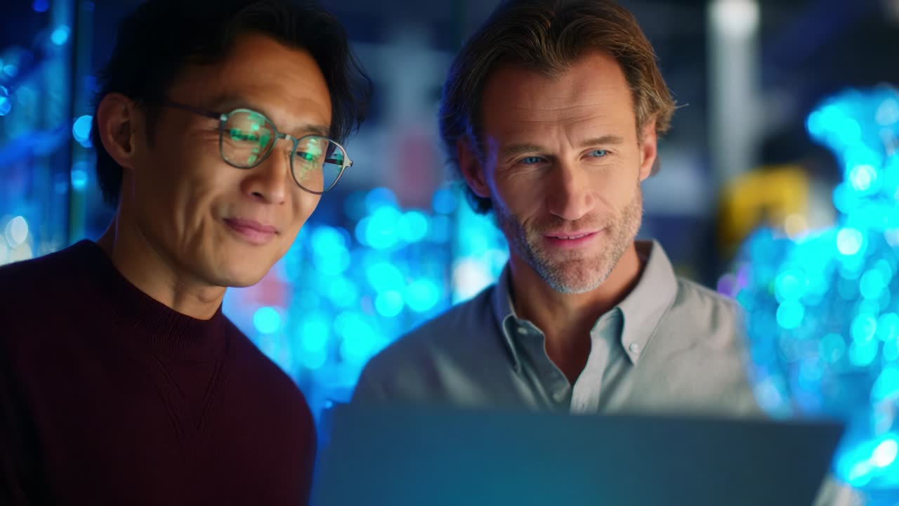 Two Colleagues Engaged in a Collaborative Discussion While Analyzing Data on a Laptop, Surrounded by a Vivid Background of Colorful Lights and Modern Technology, Fostering a Productive Work Environment