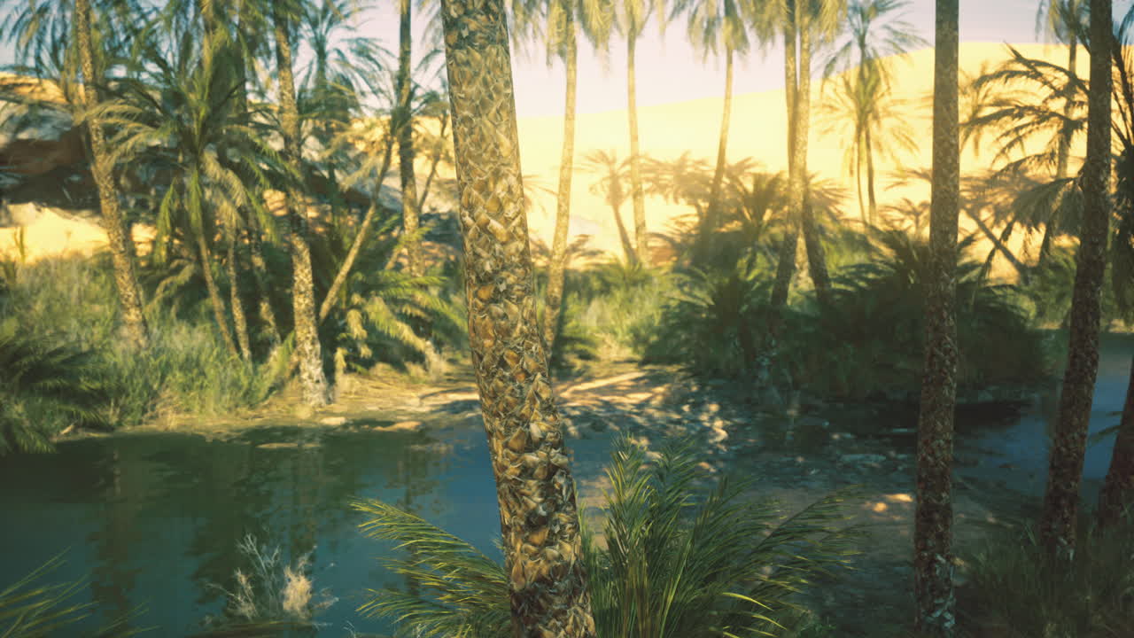 Lush oasis nestled between palm trees in a sunlit desert landscape