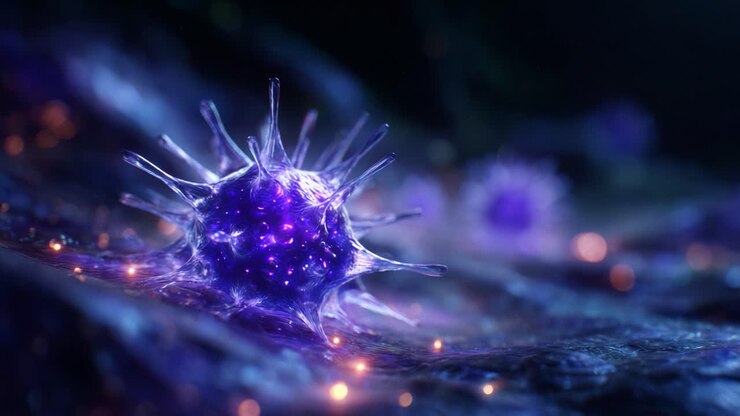 Visualizzazione complessa di un microbo viola su una superficie misteriosa con particelle luminose catturate in due inquadrature che riflettono la vita microbica