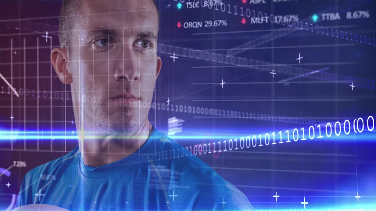 Animation of data processing and binary coding over caucasian male rugby player