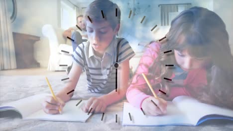 animation of a caucasian children lying on the floor doing school work