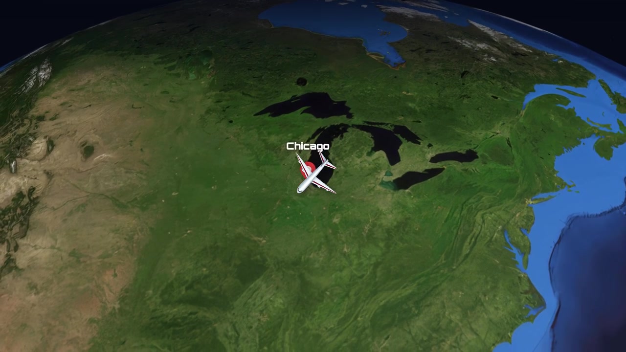 Satellite view animation follows a commercial airplane flying from Dubai across the globe to Chicago