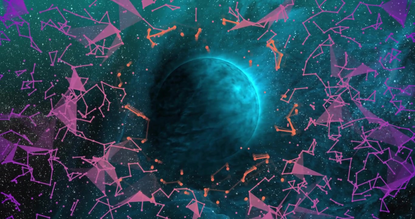 Partículas flutuando ao redor de esfera azul com malha rosa girando para dentro e nós laranja formando um anel.
