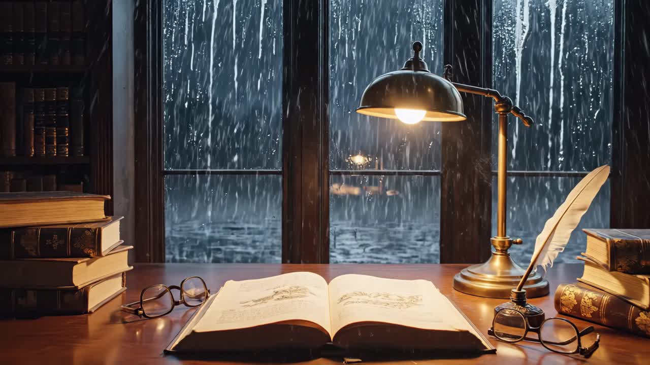 A cozy study scene on a rainy day