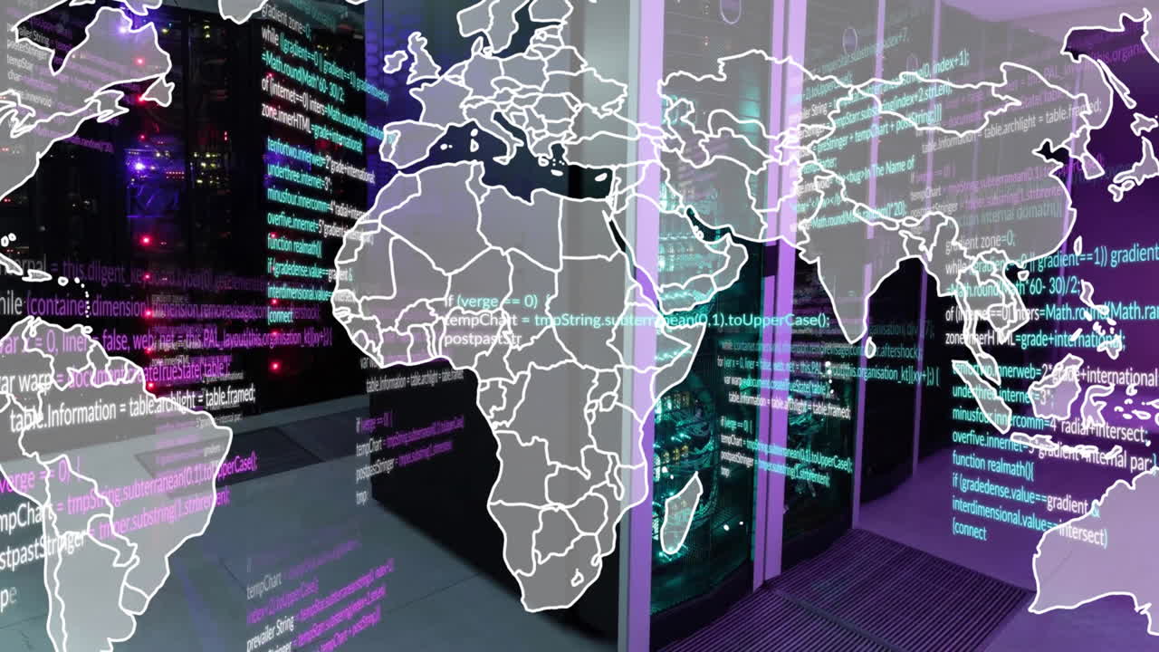 Animation of world map and data processing over computer server room