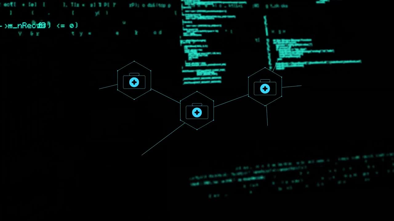 Animation of medical icons and data processing on black background