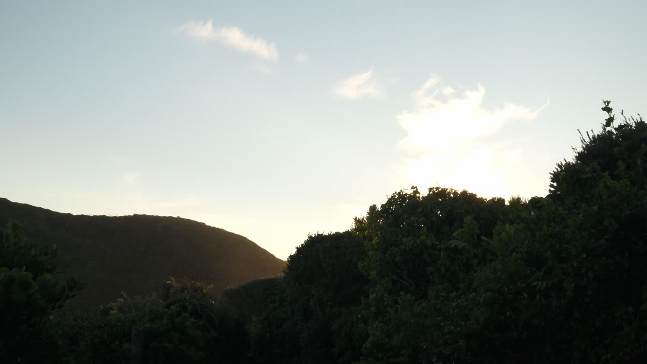 Static 4K shot of a sunlit mountain during golden hour. Warm evening light glows across the landscape, with dense bush in the foreground. Peaceful and natural South African scenery