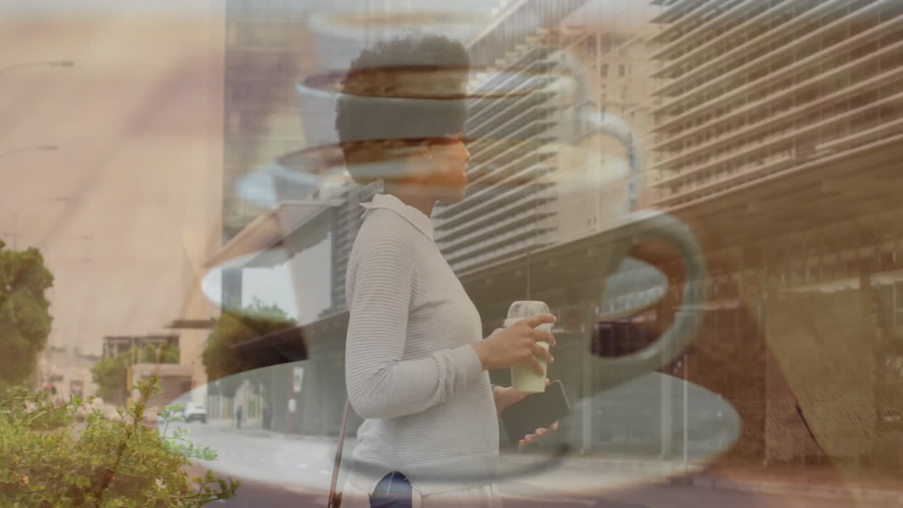woman holding iced coffee and smartphone on city sidewalk, blending coffee cup overlay for business
