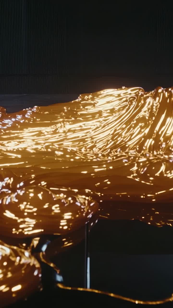 Vertikales Video: Geschmolzenes Gold wellt sich auf schwarzem Boden, aus der Froschperspektive aufgenommen, reagiert auf Licht.