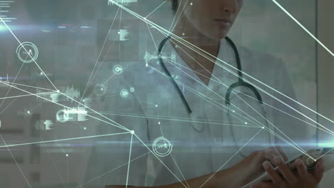 animation of data processing and network of connections over female doctor using tablet