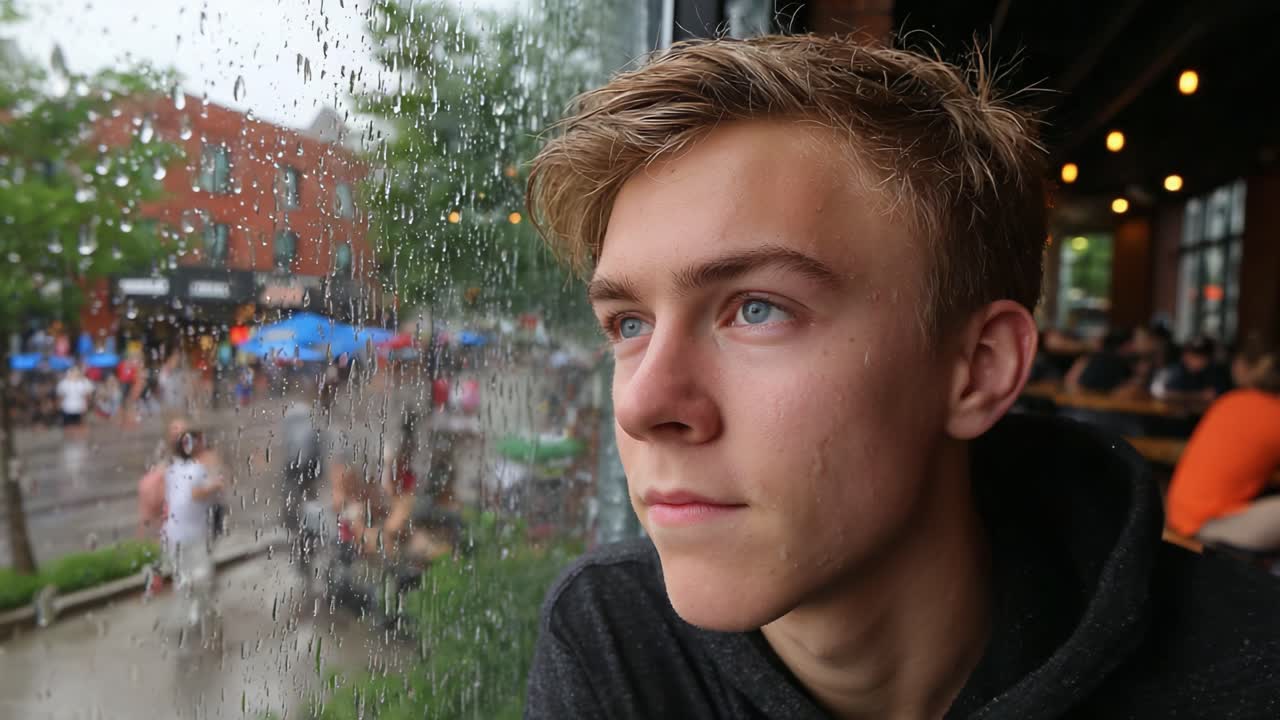 A Contemplative Moment: A Young Man Gazing Thoughtfully Through a Rain-soaked Window, Lost in Reflection Amidst a Bustling City Scene