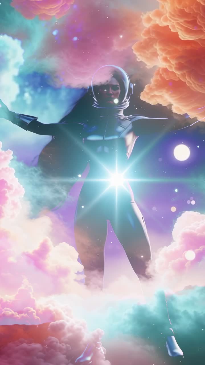 Vertical video: Starburst intensifying, astronaut spreading arms amid nebula, unveiling glowing orb