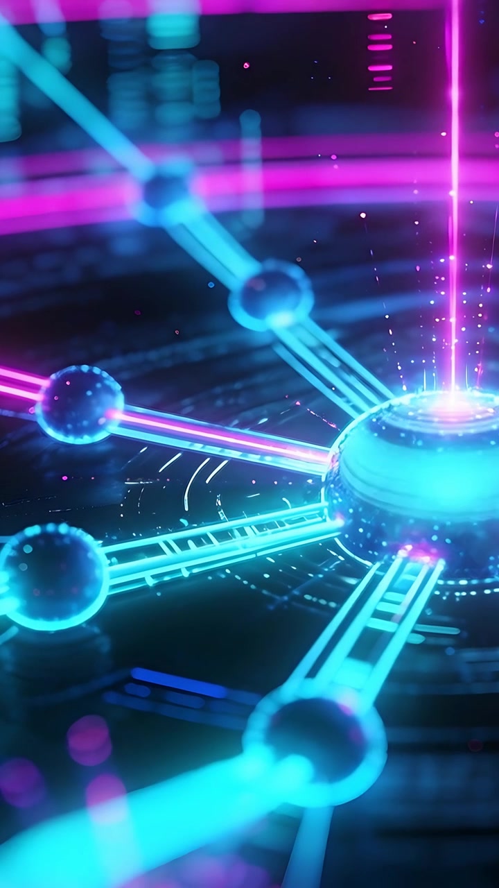 Video verticale: Segnale di avvio di un hub centrale che pulsa, alimentando bracci e un raggio magenta su una base a circuito