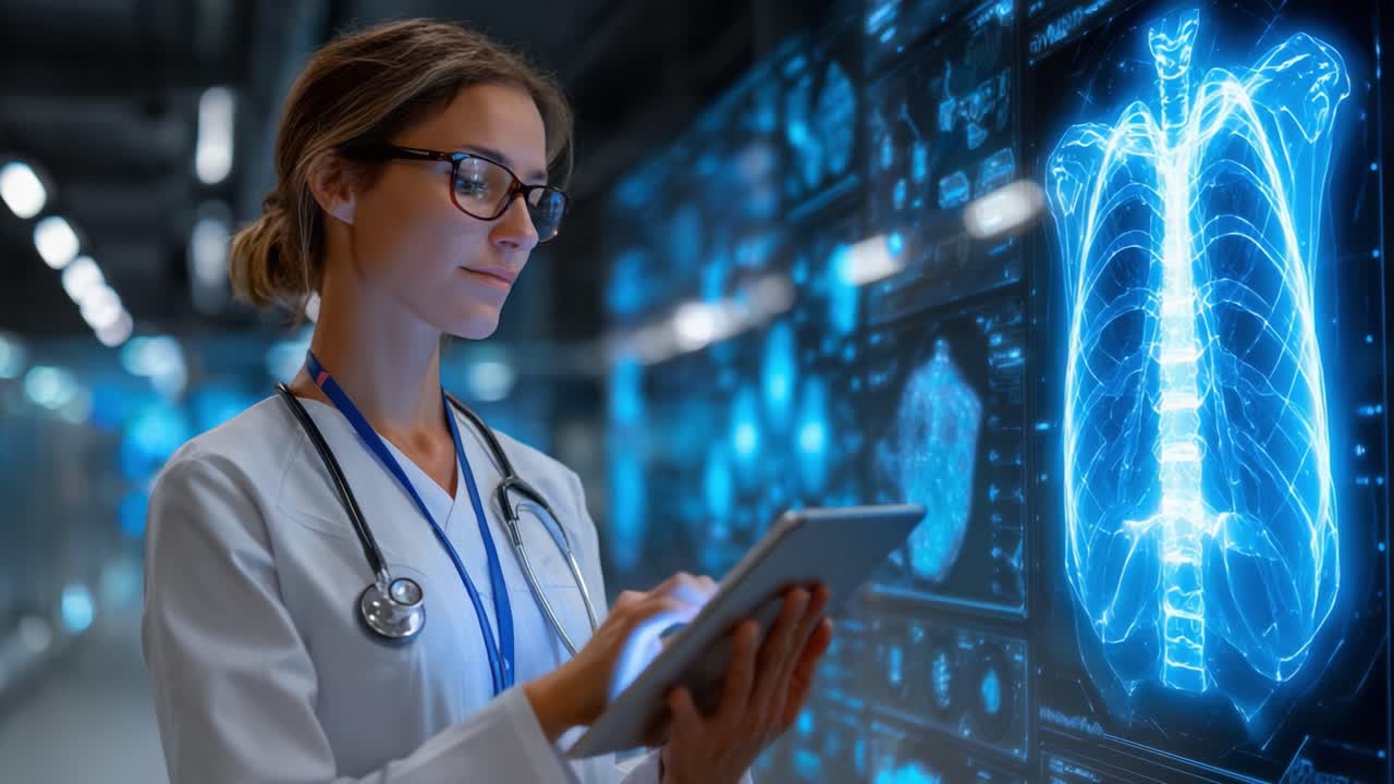 Un professionista medico che analizza dati di imaging digitale con un tablet in un ambiente sanitario ad alta tecnologia, focalizzato sulla salute polmonare e sull'analisi dell'assistenza al paziente.