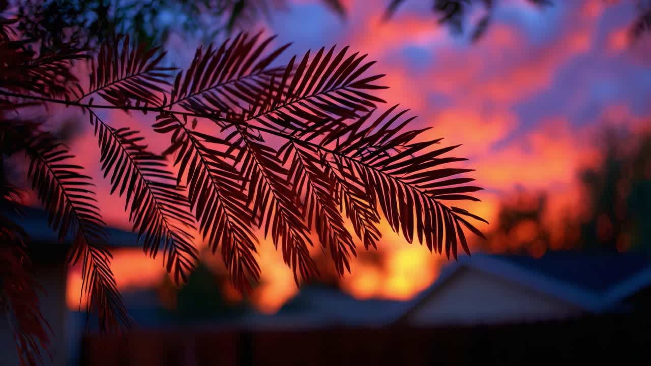 Stunning Sunset Silhouette: A Beautiful Contrast of Vibrant Colors Against Lush Foliage and a Gentle Landscape Beneath a Breathtaking Sky
