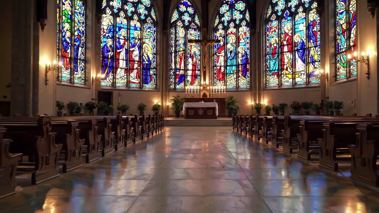 Wide-angle video shot of a church interior, showcasing vibrant stained glass windows and symmetrical