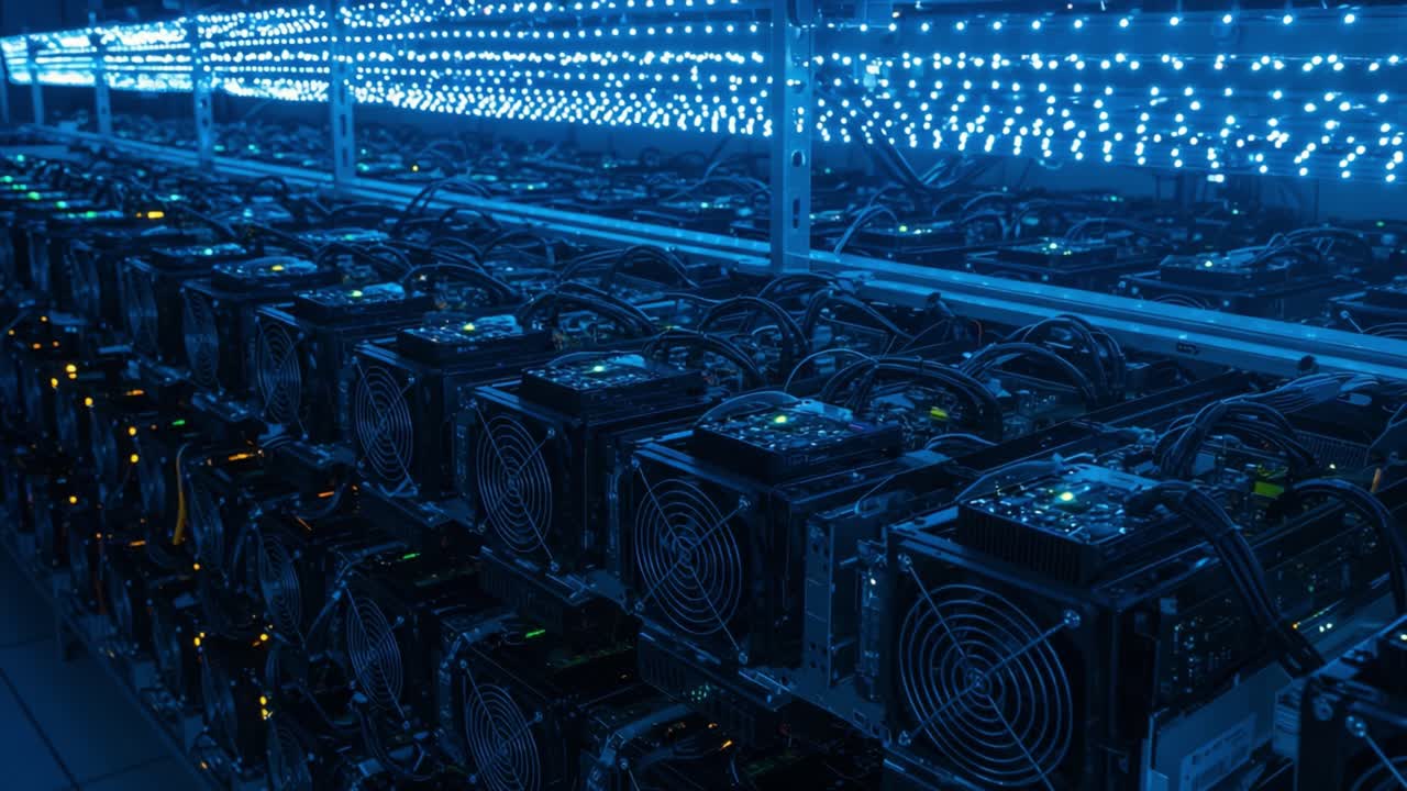 Exploring a High-Efficiency Data Center with Rows of Advanced Mining Machines Illuminated by LED Lights in a Futuristic Setting
