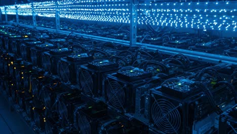 exploring a high-efficiency data center with rows of advanced mining machines illuminated by led lights in a futuristic setting