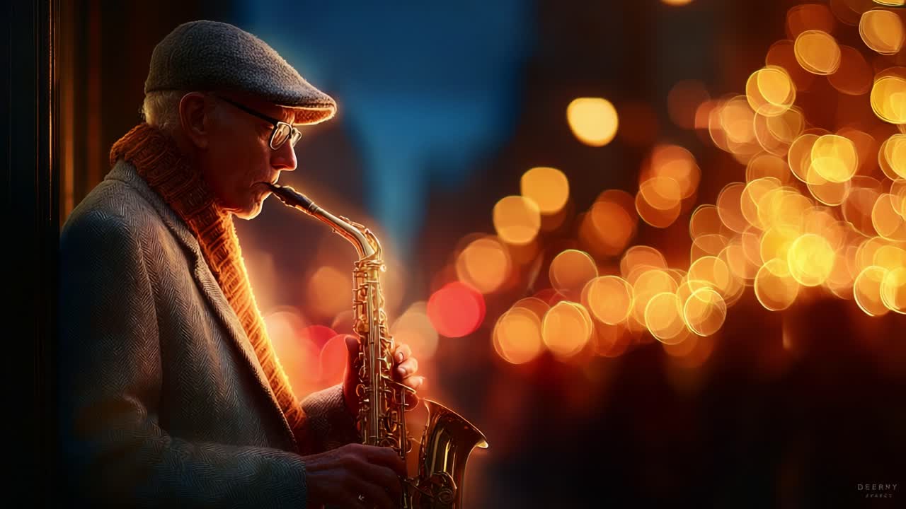 Un musicista anziano suona con passione il sassofono in una vivace strada cittadina, circondato da luci brillanti che creano un'atmosfera calda e incantevole durante la serata.