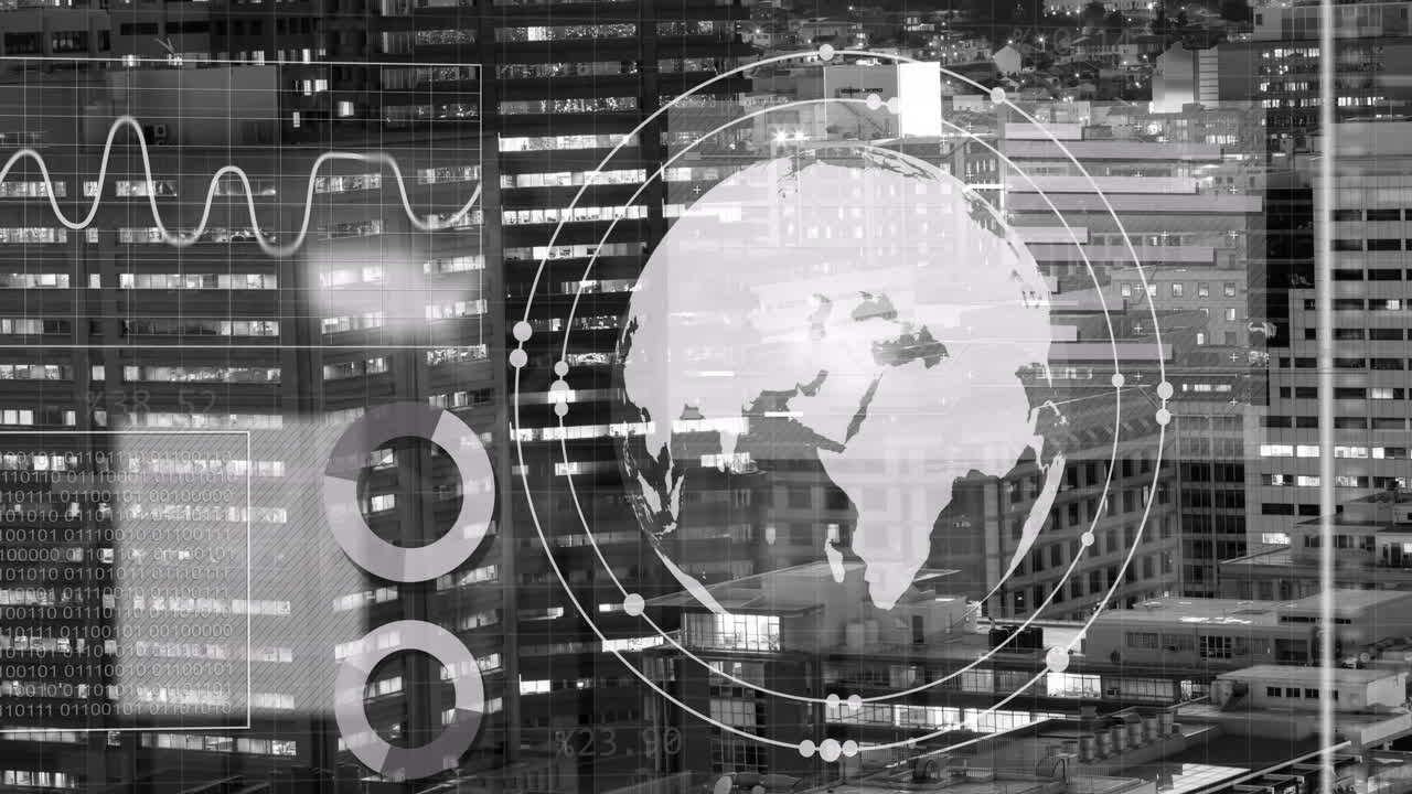 Animation of financial data processing over city