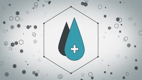 animación de gota con icono de cruz sobre hexágonos sobre fondo blanco