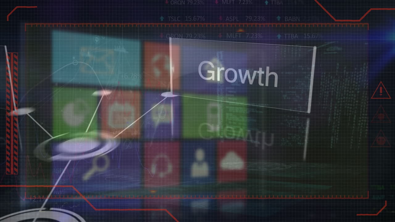 비즈니스, 성장, 혁신의 애니메이션 다양한 아이콘으로 화면 위에