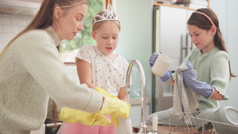 Mom,-girl-kids-and-cleaning-dishes-in-home-kitchen