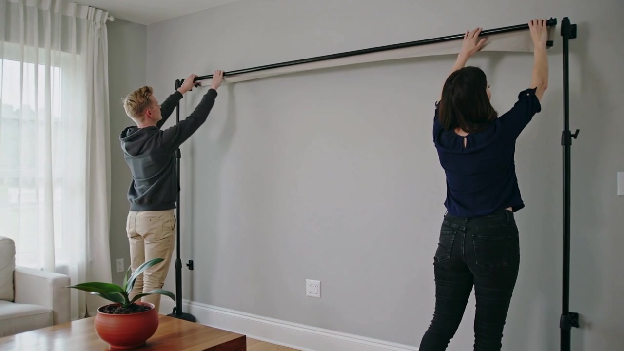 Moving rod from table hoodie-clad couple lifting aligning on stands in living room hanging backdrop