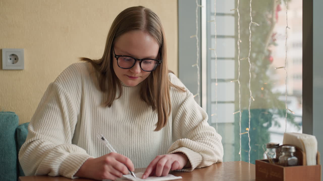 Lady in cream sweater sketching thoughtfully on paper while seated by window with hanging string lights and soft blur view of snowy urban cityscape outside