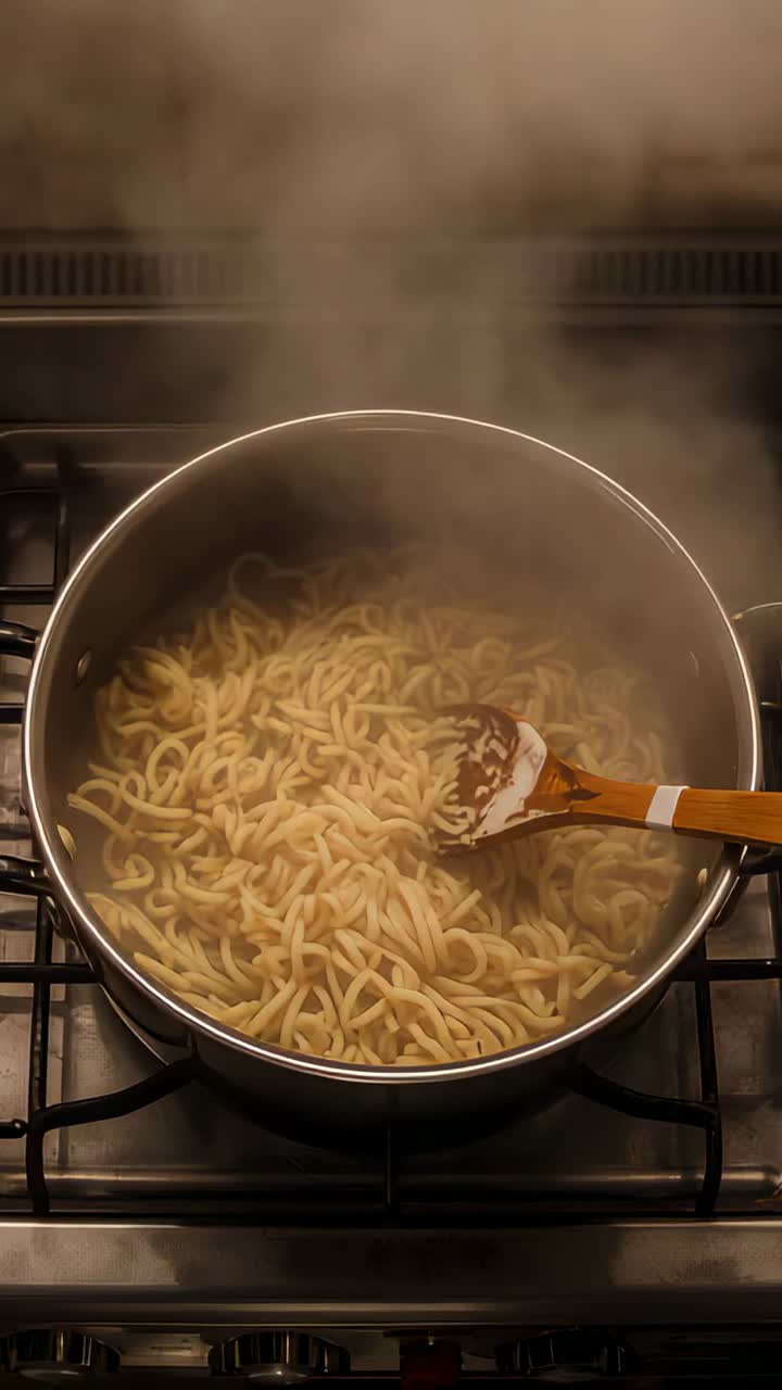 Vertical video: As water boiling, cook's hand stirring noodles in pot on stovetop preventing clumps