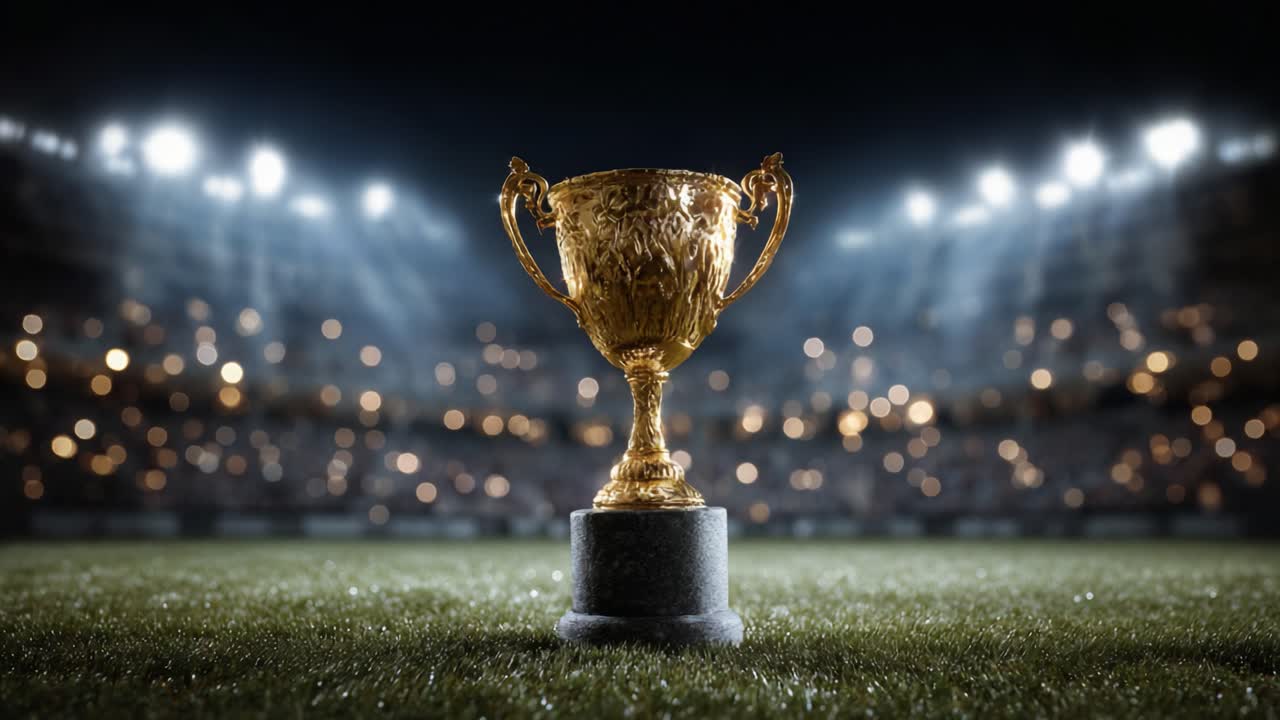 A Glimmering Golden Trophy Shining Under Stadium Lights, Symbolizing Victory and Achievement in Sports, Celebrating the Triumph of Champions on the Field