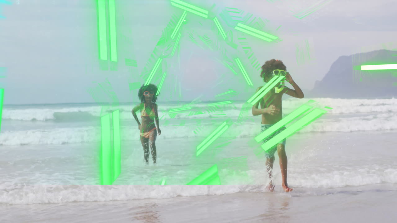 Running on beach, children with green geometric animation overlay in background