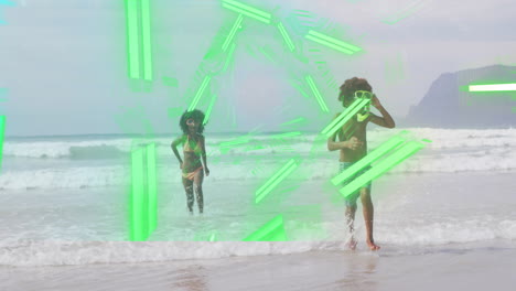 running on beach, children with green geometric animation overlay in background