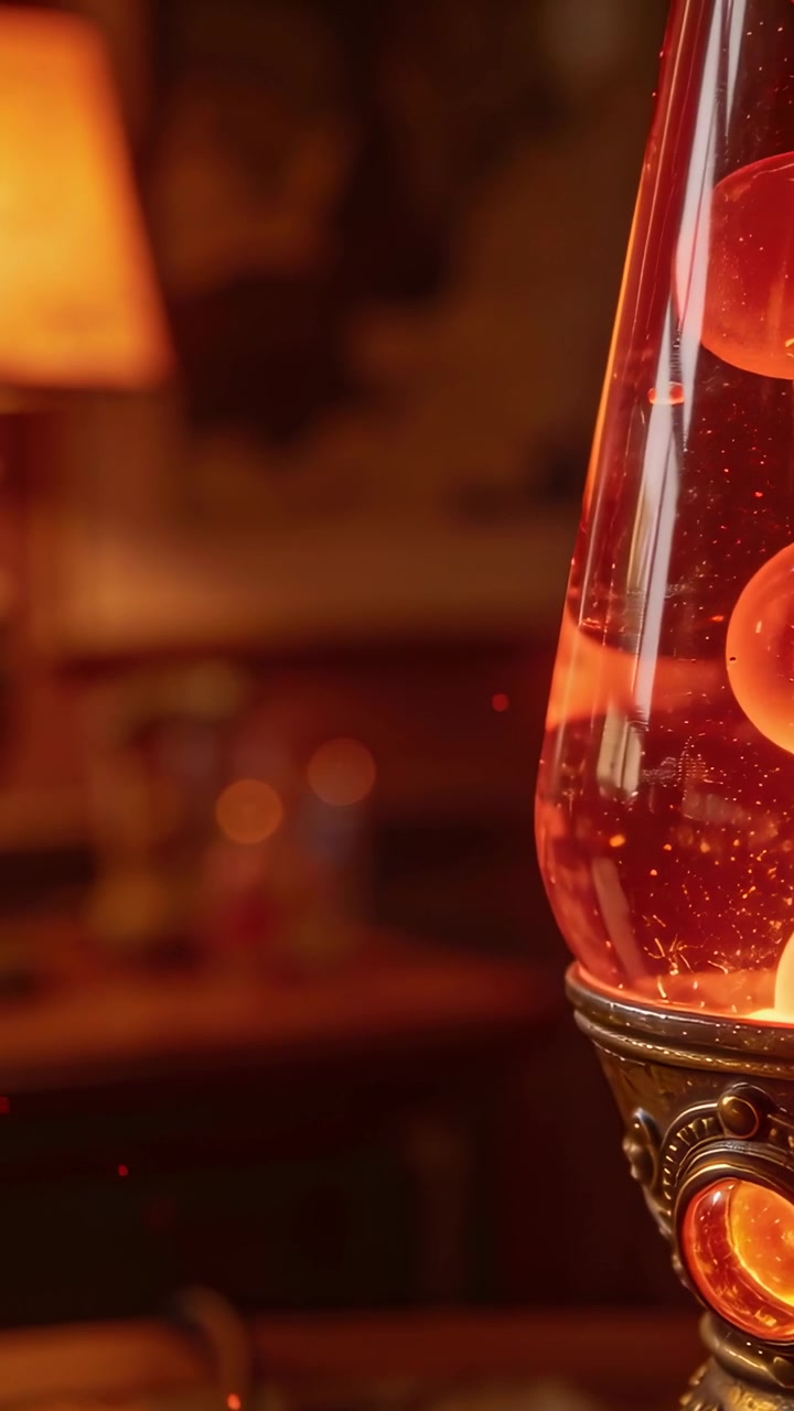 Video verticale: Lampada lava che si accende sollevando bolle di cera arancioni su un tavolo, spazio per il testo