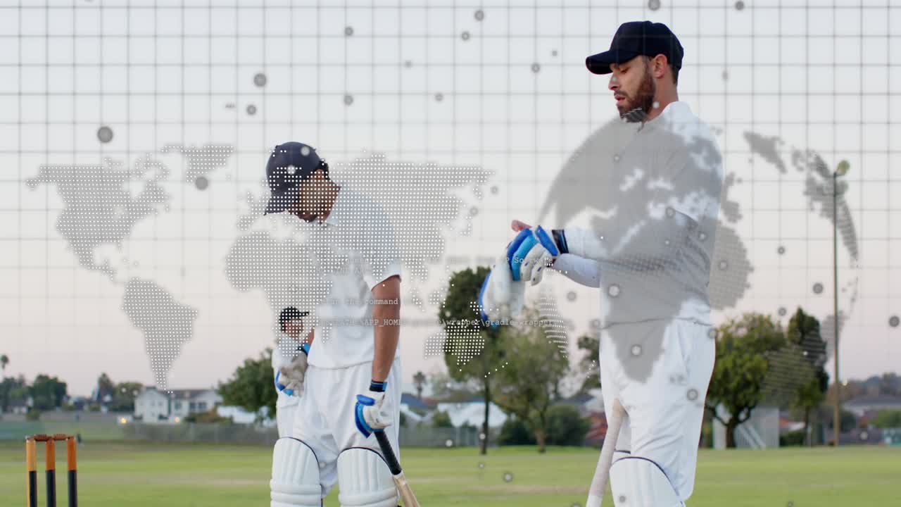 Två cricketspelare som intar slagposition, partner som ansluter sig till kartrutnät som täcker planen, förbereder sig för att slå