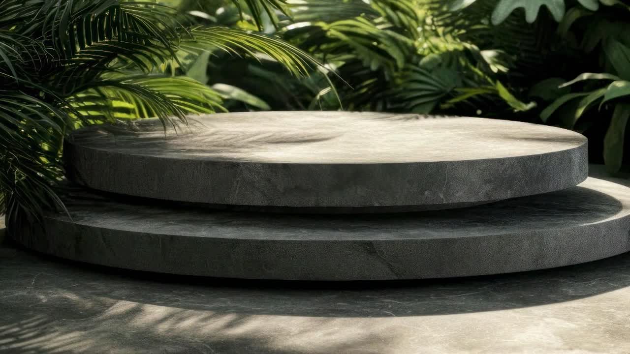 En video, der viser en minimalistisk stenplatform omgivet af frodigt grønt, optaget fra en lav vinkel.