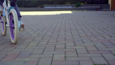 cámara lenta de un niño pequeño montando bicicleta morada en el patio trasero