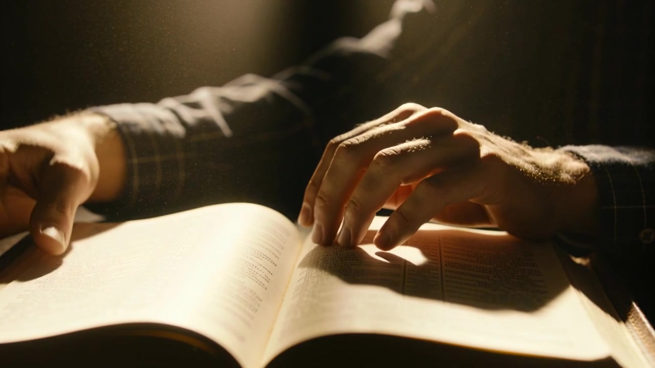 Mains d'homme en chemise à carreaux effleurant du bout des doigts, tournant les pages d'un livre sous une lampe chaude, en train de lire.