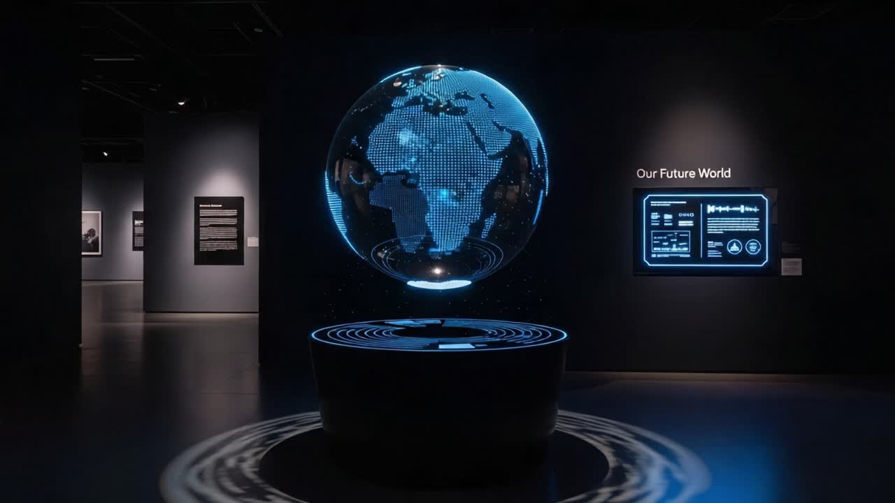 An Immersive Global Display Showcasing the Future of Our World with a Holographic Earth and Interactive Technologies in a Modern Exhibition Space