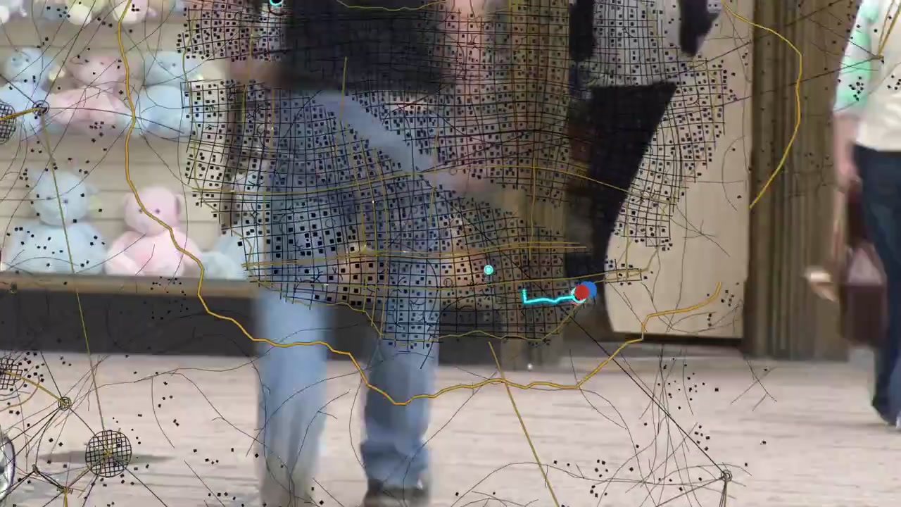 Camera pushing forward, central pedestrian moving while map overlay tracking blue route to red end