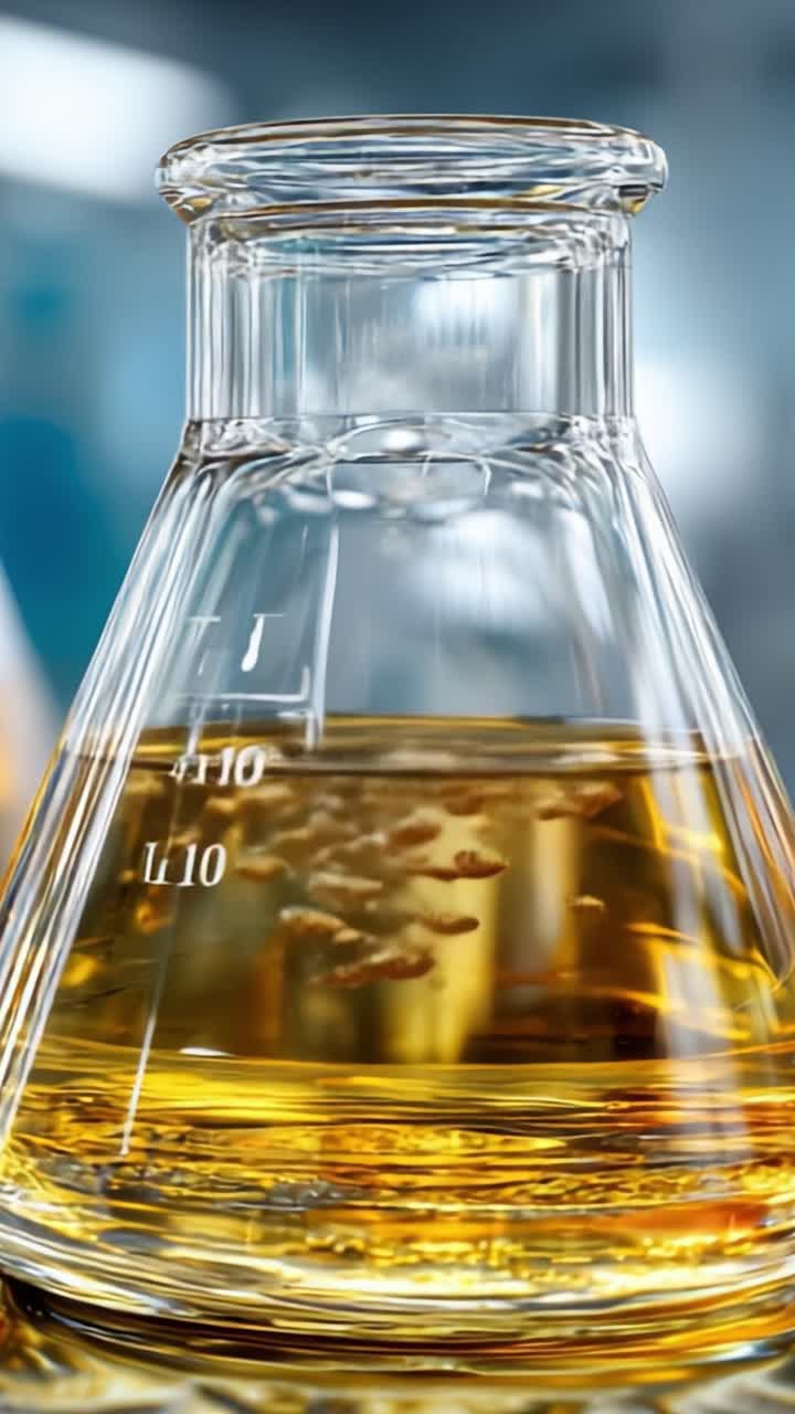 Nærbilde av en laboratoriekolbe som inneholder boblende gul væske: Vitenskapelig eksperiment i aksjon, som viser kjemi og væskedynamikk