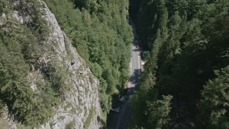 aerial of bicaz-chei mountain river valley, bicaz gorge, running mountain stream where tourists stop to take in the breathtaking views