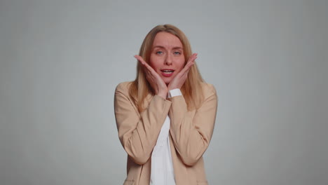 scared fearful business woman suffering phobia anxiety disorder expresses fear stress panic
