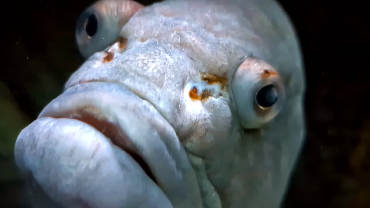 Closeup view of face of giant snakehead fish.