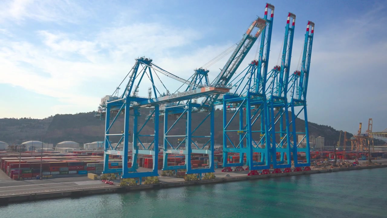 Large blue gantry cranes operating at a container terminal, moving along the quay for loading and unloading cargo ships, with shipping containers stacked in the background logistics area