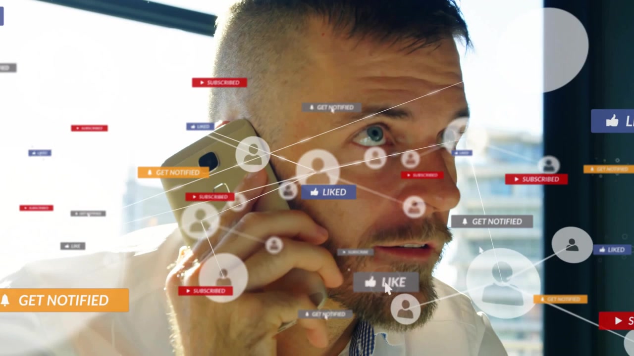 Businessman lifting phone to ear making call in office with floating alerts showing engagement