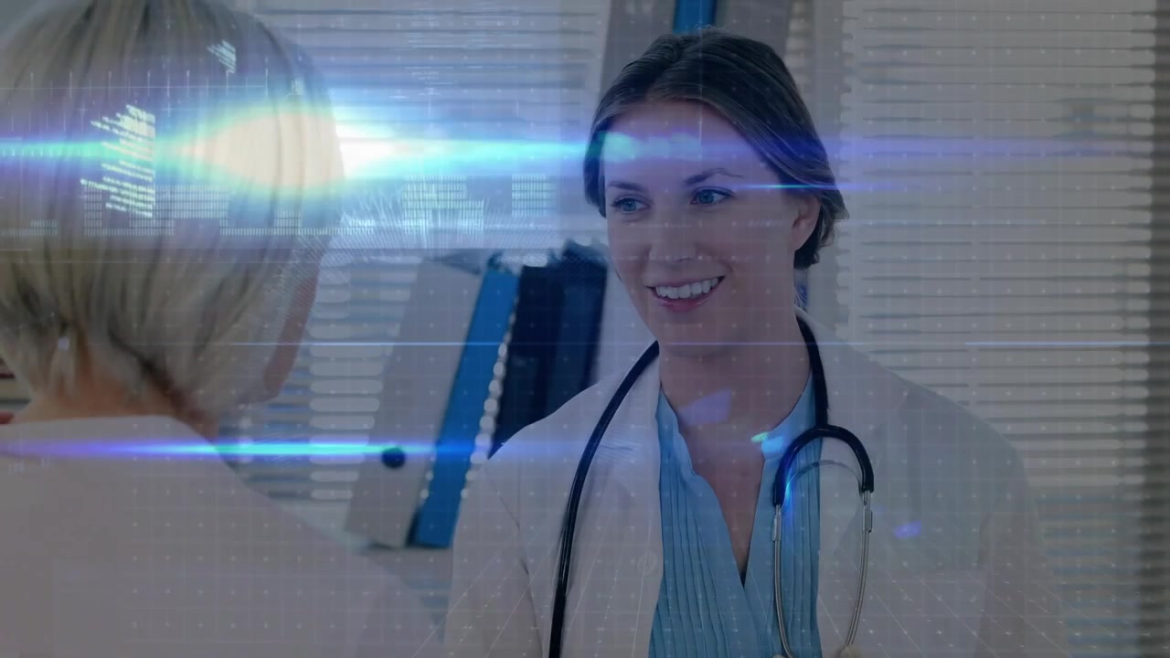 Una dottoressa entra in uno studio medico e controlla la cartella del paziente mentre dati glitch blu aumentano.