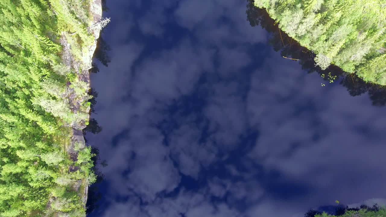 imágenes de drones de un lago forestal asombrosamente hermoso con superficie de espejo en el desierto boreal