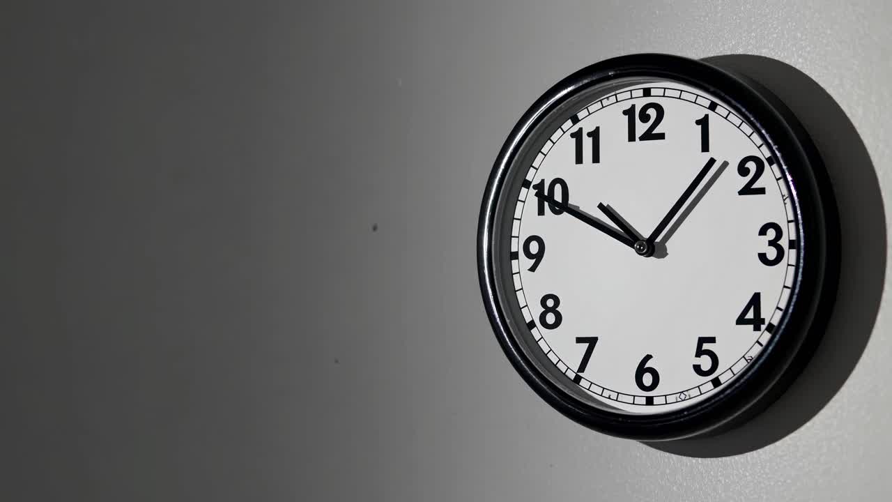 A close-up video of a wall clock with a minimalist design, shot from a side angle