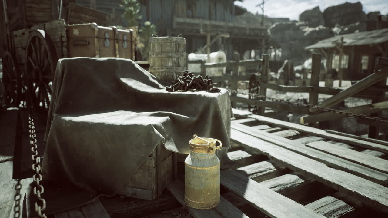 Old western settlement with rustic furnishings and abandoned crates by river